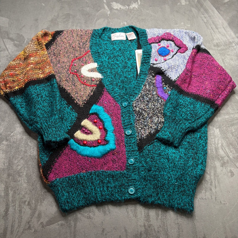 Vtg 90s Jaclyn Smith Cardigan Sweater Women L Abstract Beaded Artsy Eclectic NWT